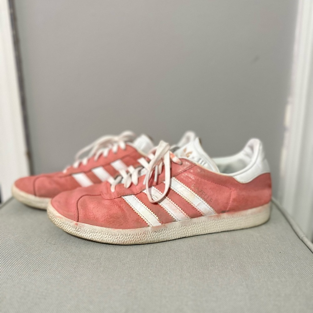 Pink suede Adidas painted sneakers size 8